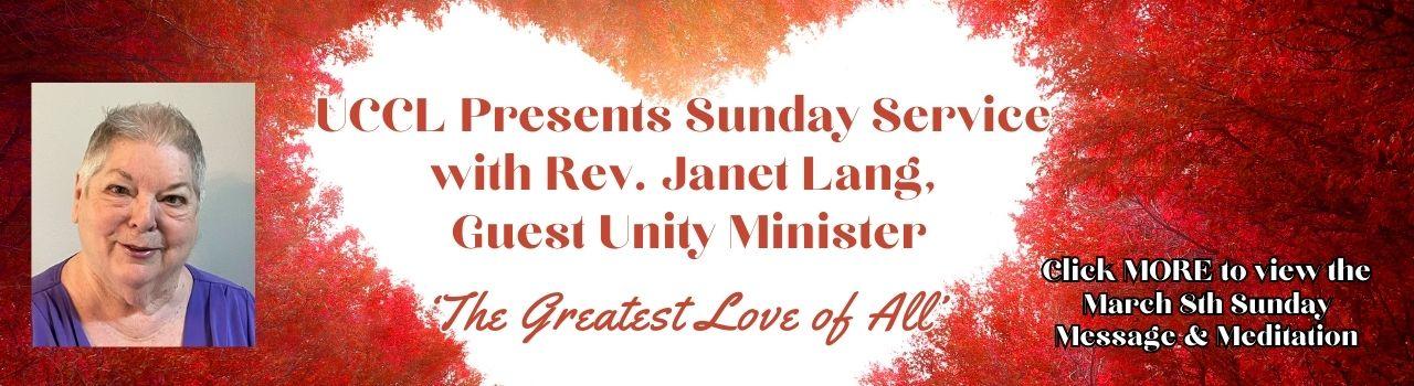 Picture of Rev Janet Lang, Guest Minister, over background of a fall tree canopy with heart shaped white center: 'The Greatest Love of All' March 8, 2026 Service & Meditation